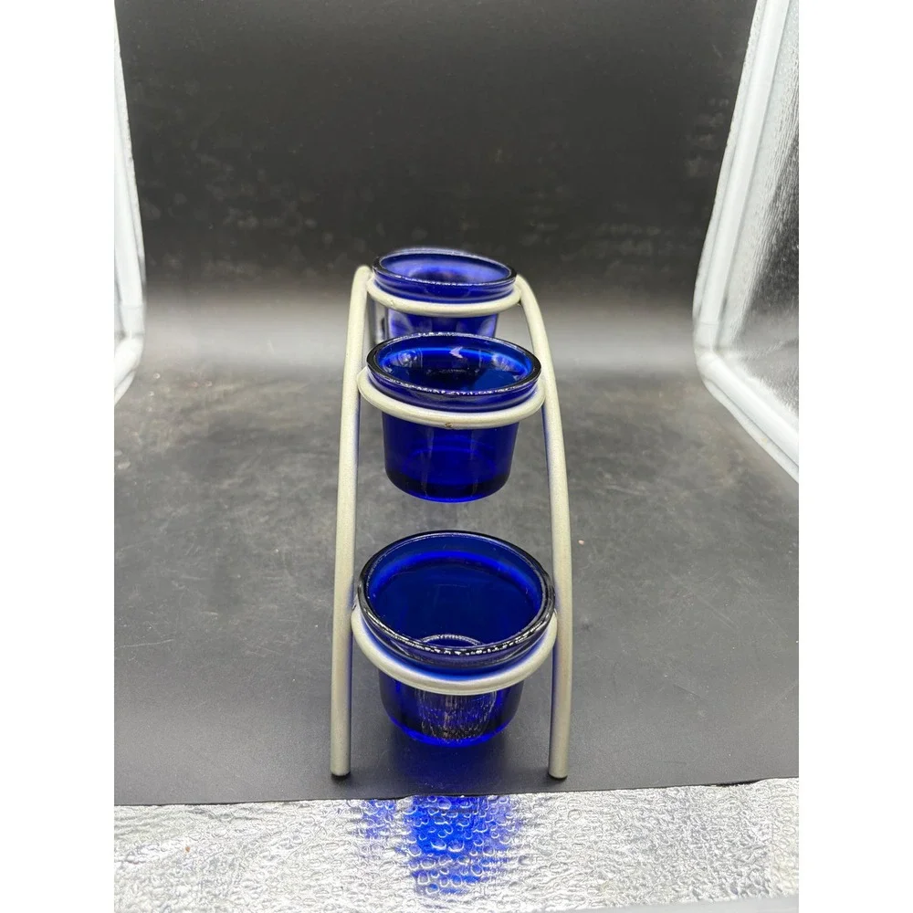 Cobalt Blue Glass Votive Candle Holder Set 5 Cup Arched Silver Metal Stand 12in